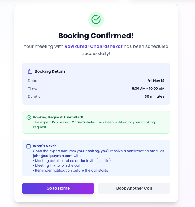 Booking confirmation with contact details